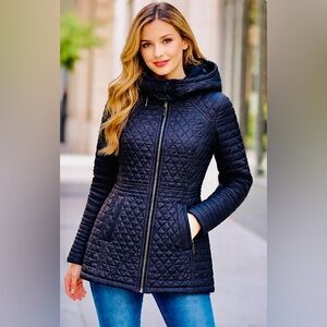 Marc New York Navy Blue Quilted Removable Hooded Lightweight Puffer Jacket S